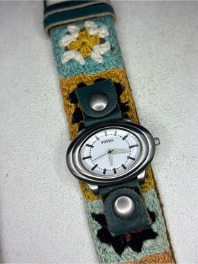 Fossil White Dial Watch with Teal, Mustard & Cream Crochet Leather Band